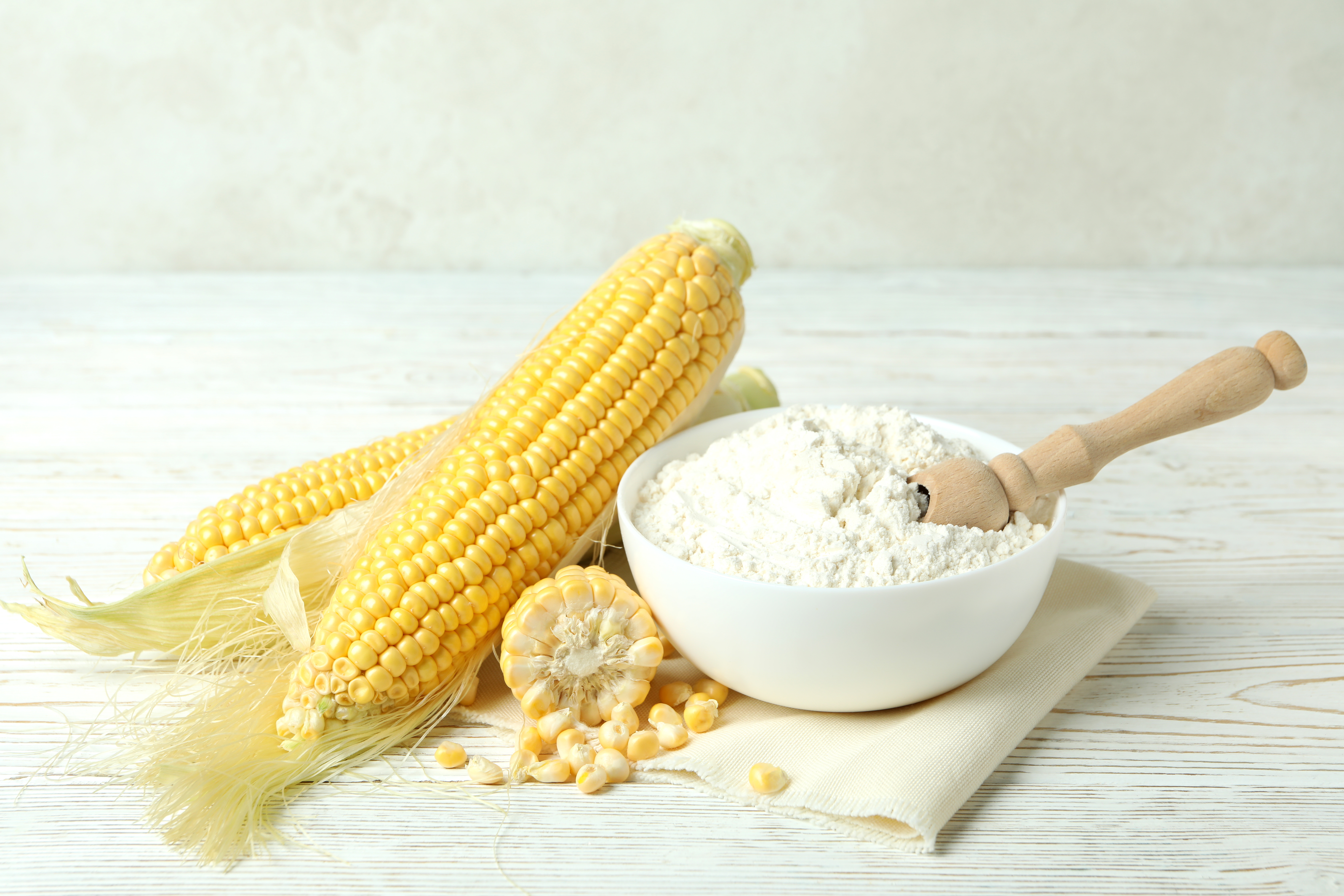 Non-GMO Corn Starch raw powder and kernels on wooden table